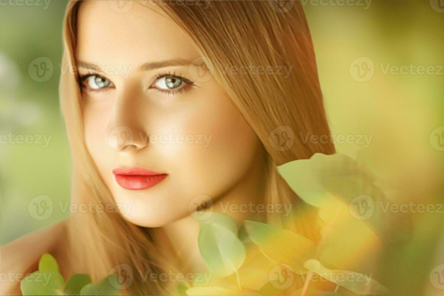 Beauty, makeup and hairstyle, face portrait of beautiful woman with green leaves branch, red lipstick makeup for skincare cosmetics and fashion look photo