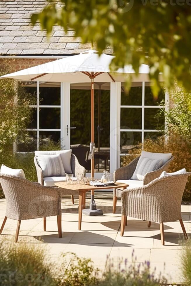 Modern garden lounge, outdoor furniture and countryside house patio decor with sofa, sun lounger, sunbed and umbrella, country cottage style, photo