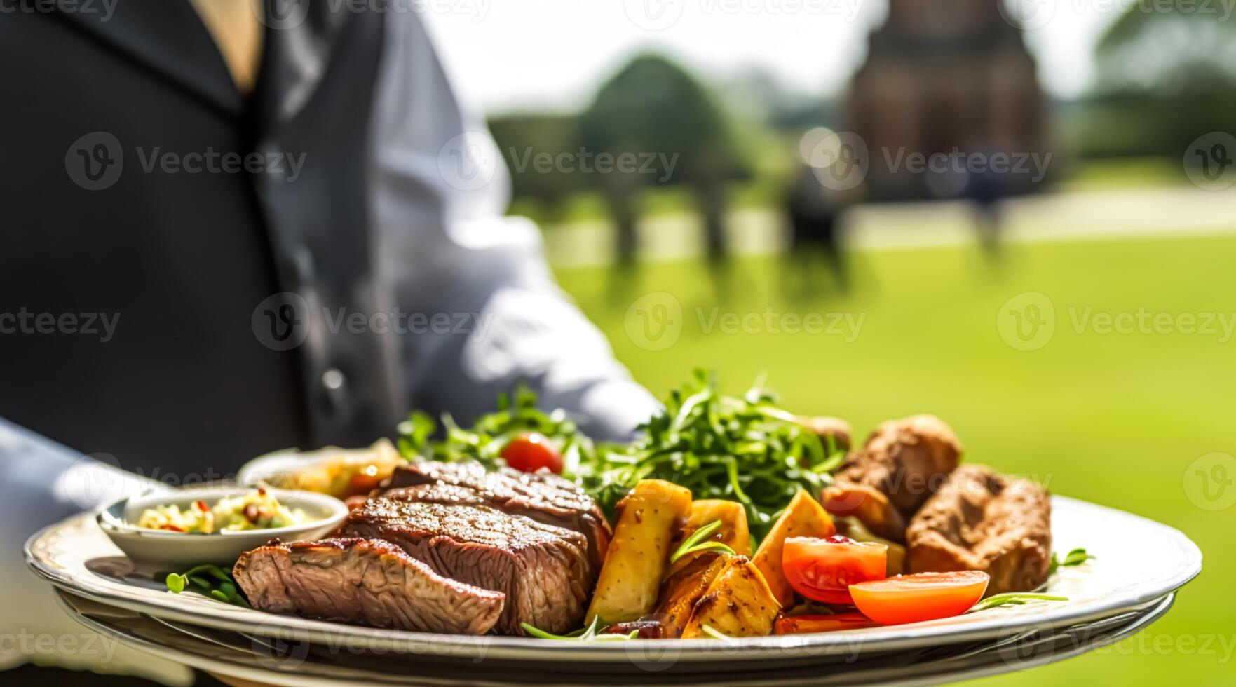 Steak served by a waiter at a luxury event outdoors, fine dining, post-processed, generative ai photo