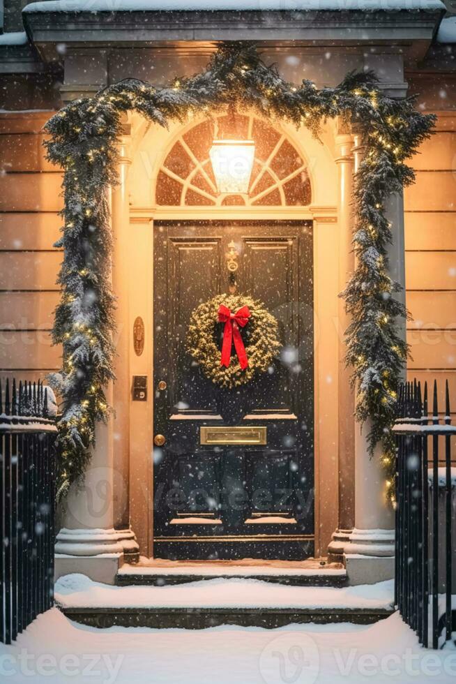 Christmas holiday, country cottage and snowing winter, wreath decoration on a door, Merry Christmas and Happy Holidays wishes, generative ai photo