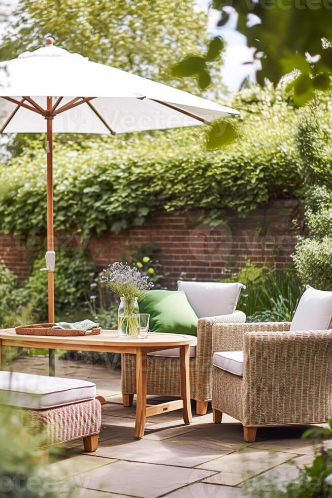 Garden lounge, outdoor furniture and countryside house patio decor in a country cottage style, photo