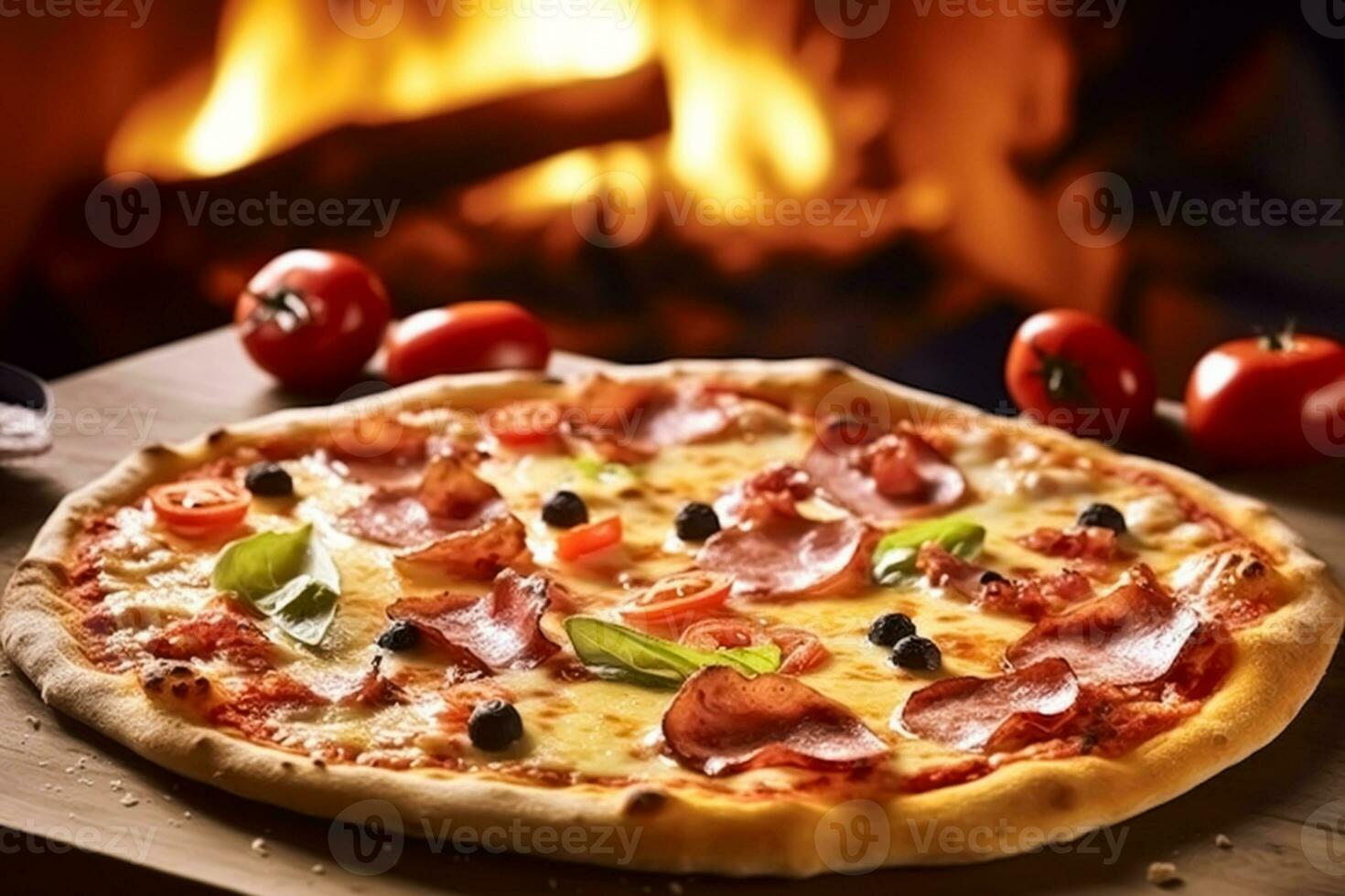 Pizza capricciosa homemade with fire in the oven, online delivery from pizzeria, take away and italian fast food, generative ai photo