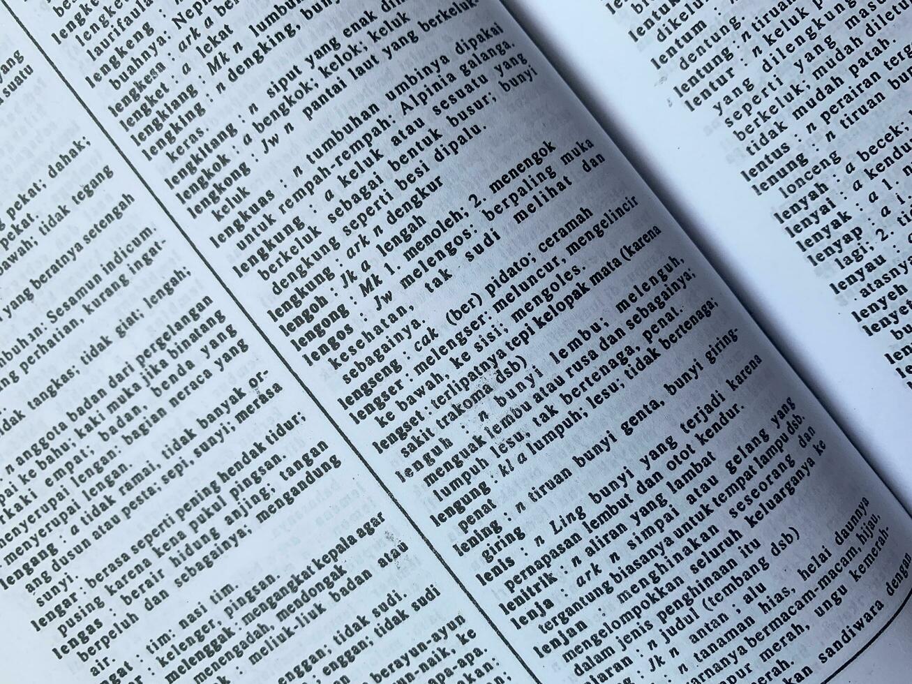 Yogyakarta, Indonesia, 26 Jan 2023 - An open book tilted on a white table, contains a treasure trove of Indonesian vocabulary. photo