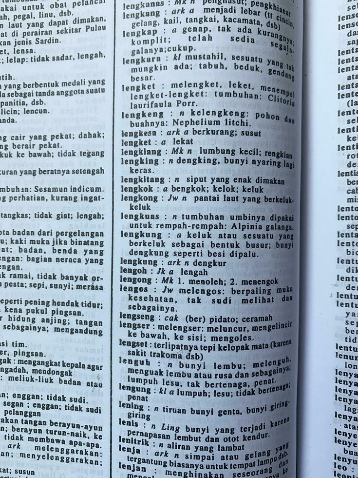 yogyakarta, Indonesia, 26 ene 2023 - un vertical foto de un abierto diccionario o libro con un abundancia de indonesio palabras en un blanco mesa.