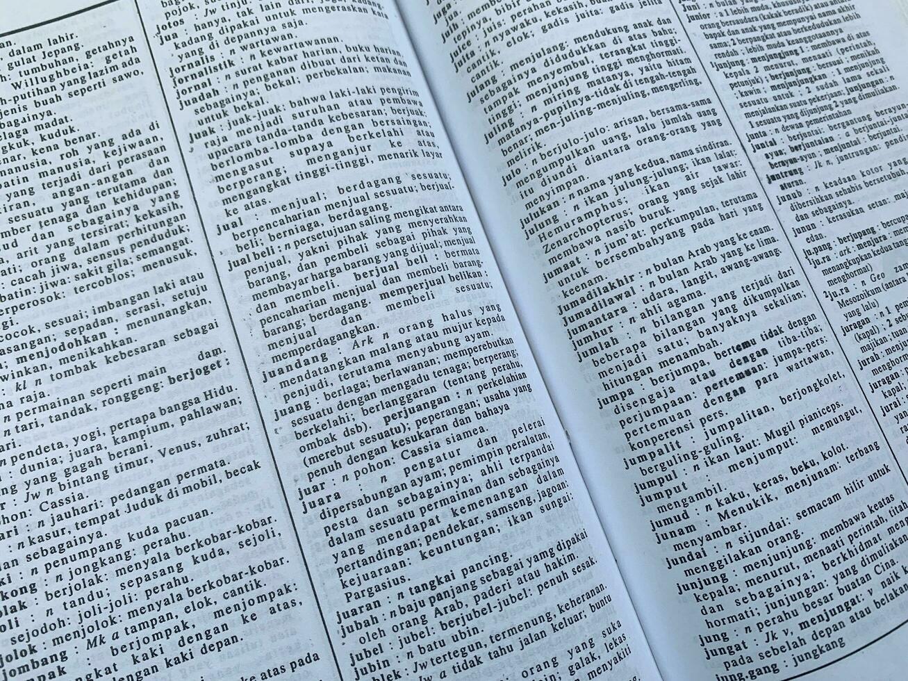 Yogyakarta, Indonesia, 26 Jan 2023 - An open book on a white table, reveals a wealth of Indonesian words and expressions. photo