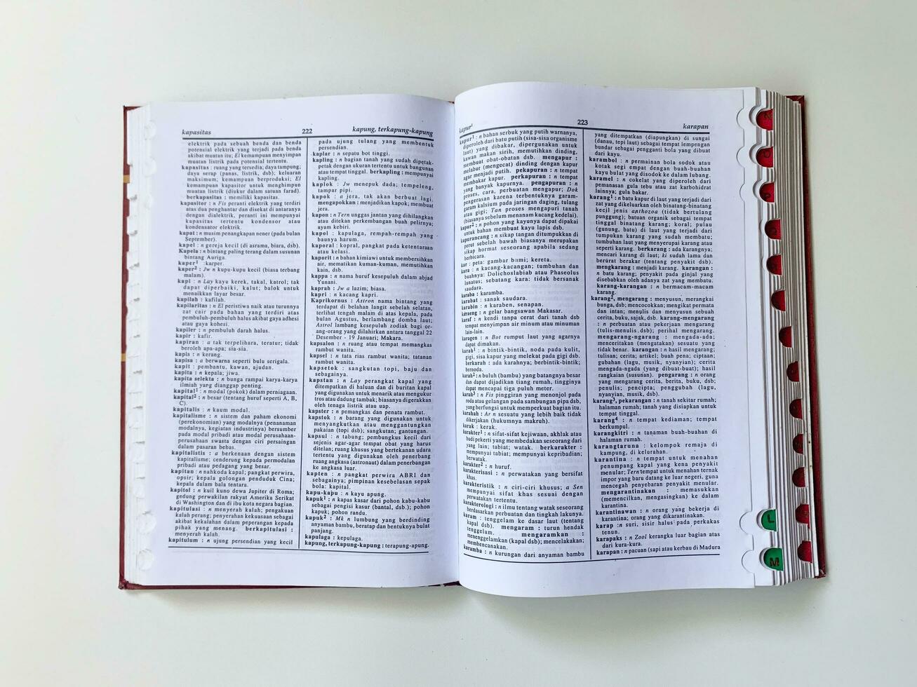 Yogyakarta, Indonesia, 26 Jan 2023 - An Indonesian reference book filled with linguistic treasures laid open on a white table. photo