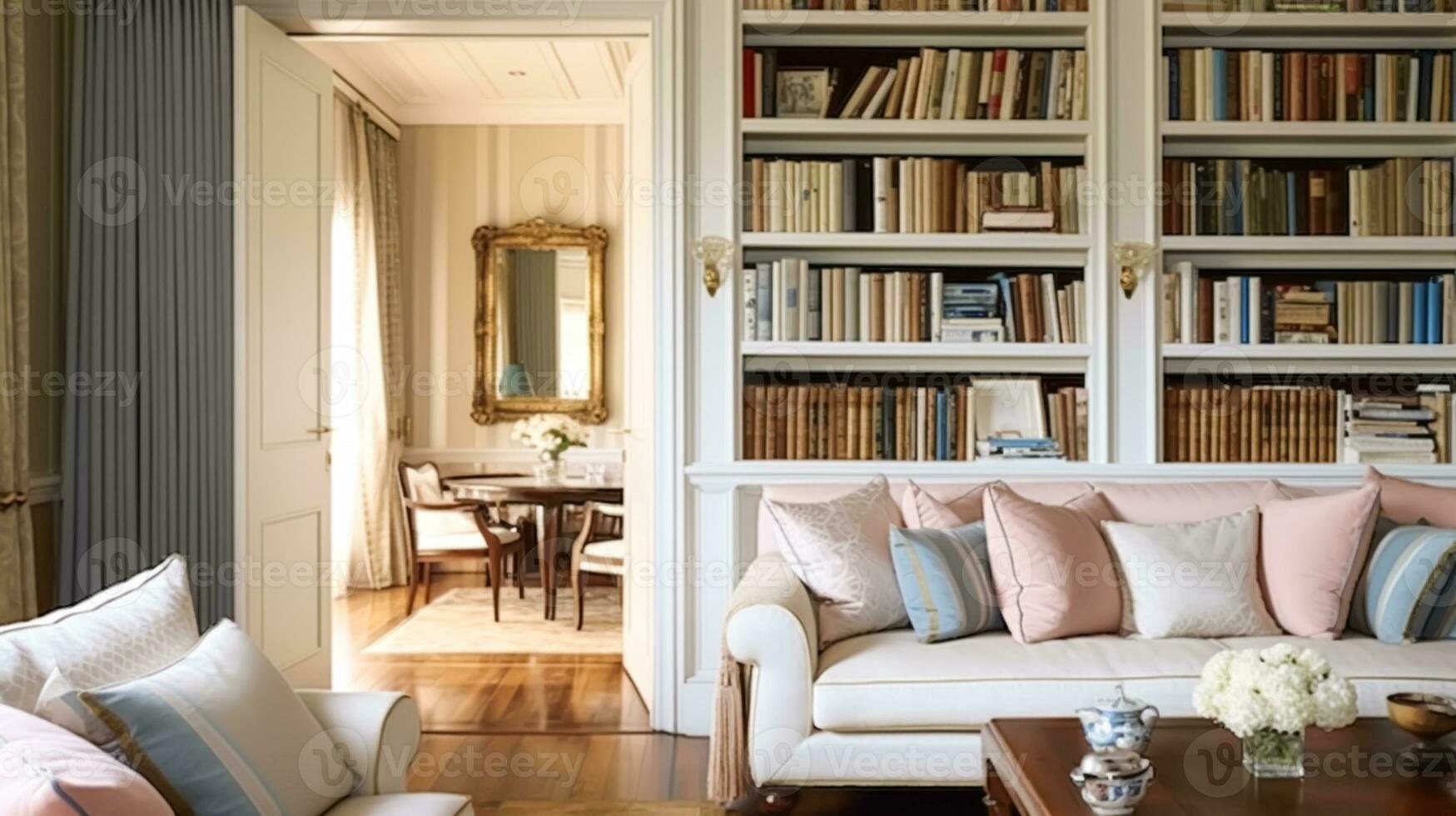 hogar biblioteca decoración, sentado habitación y interior diseño, blanco vivo habitación con sofá, librero y estantería en Inglés país casa y elegante cabaña estilo, generativo ai foto