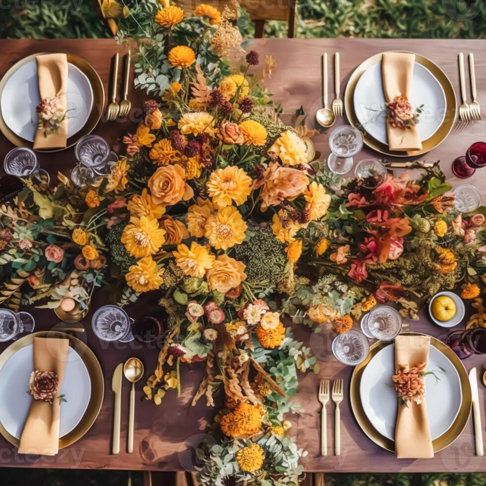 Autumn table scape, autumnal dinner table setting, holiday tablescape for wedding, birthday or party event celebration, photo