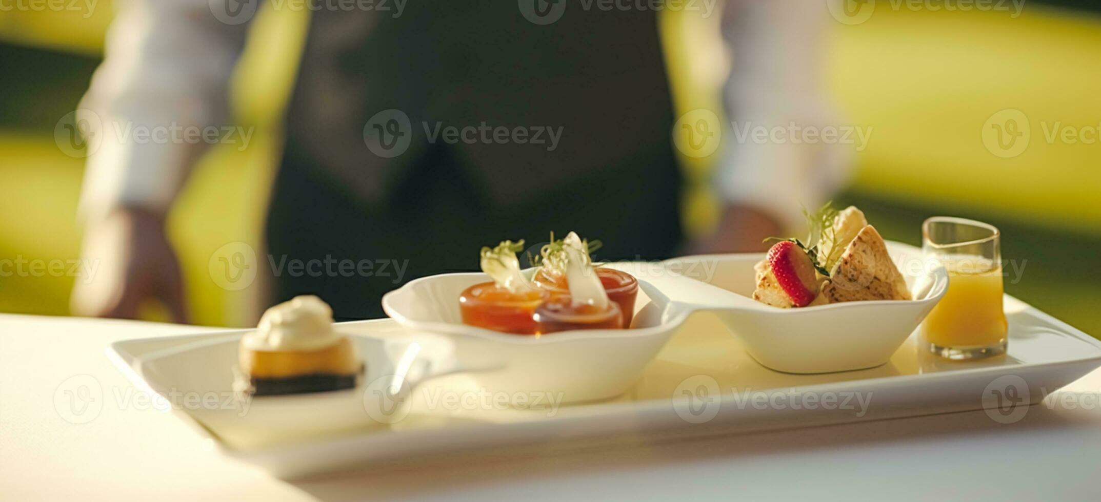 Luxury food service, appetisers by a waiter at a wedding celebration or formal event in classic English style at luxurious hotel or country estate, generative ai photo