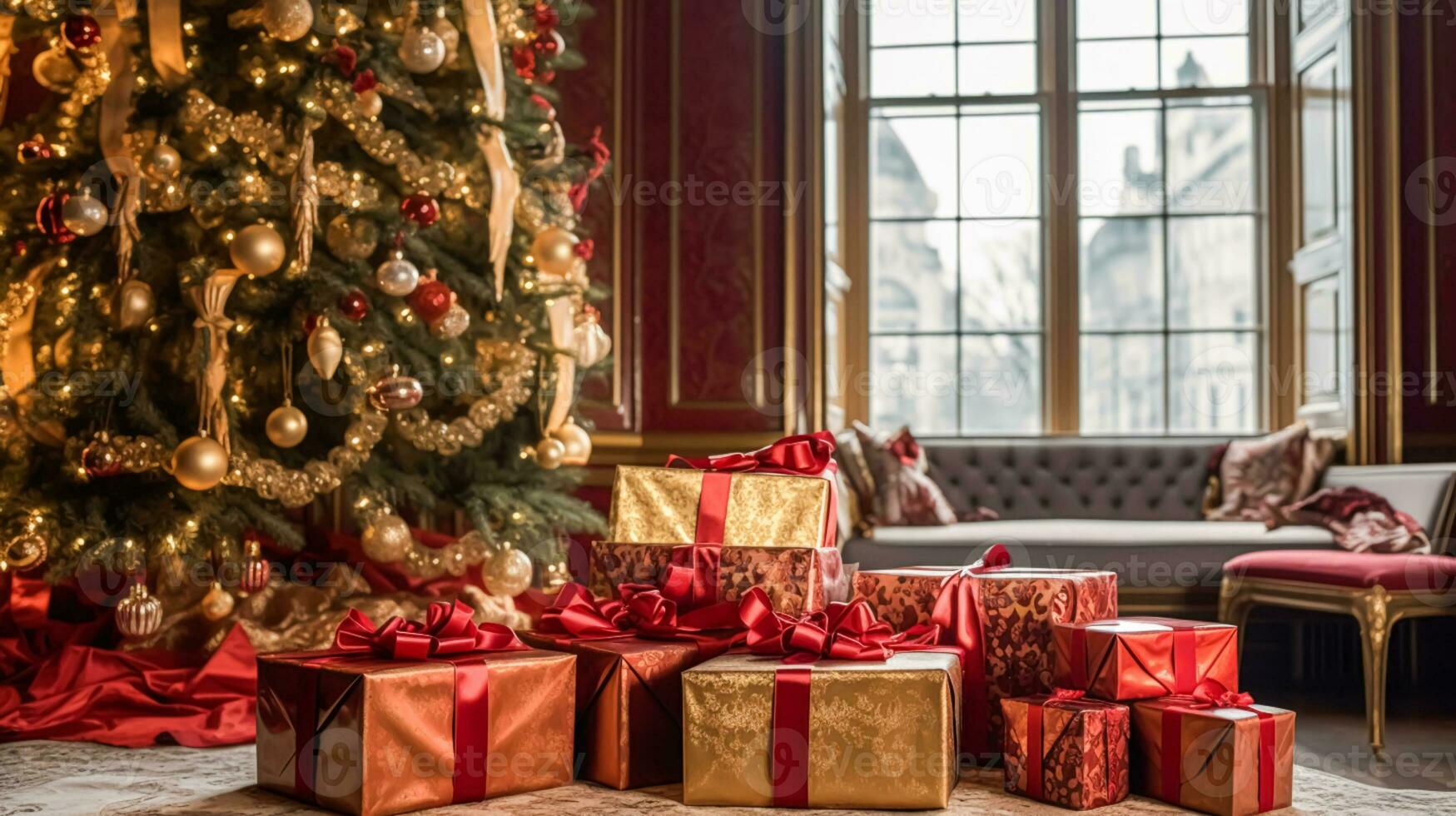 Christmas gifts, happy holidays and holiday celebration, wrapped gift boxes, presents and decorated Christmas tree, generative ai photo