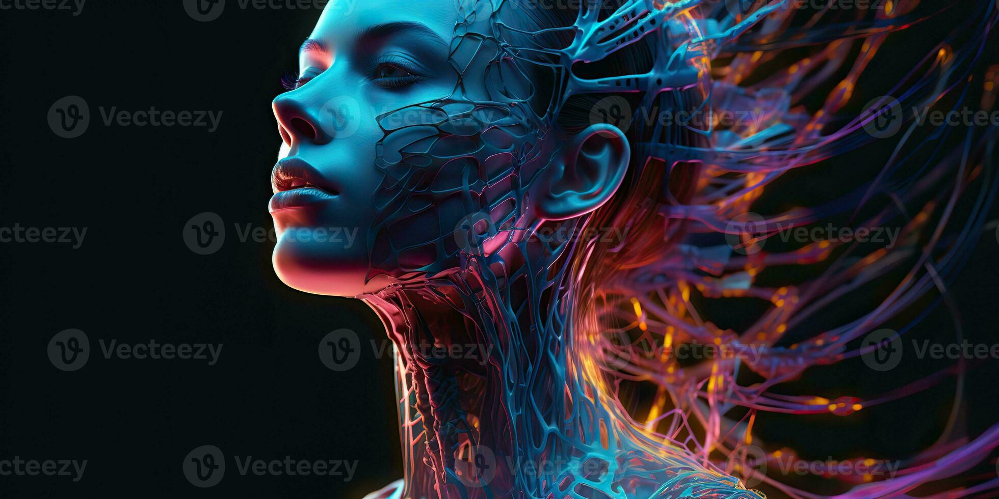 AI Generated. AI Generative. AI artificial intelligence  woman hologram. Digital technology education future system life. Graphic Art photo