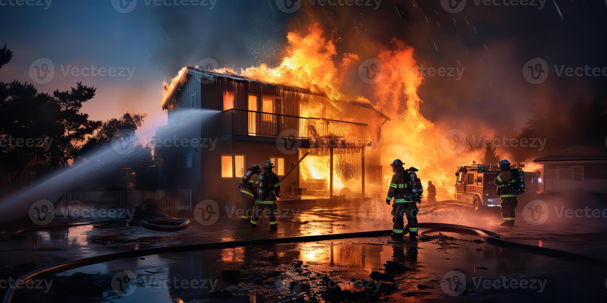 . . Fire firefighter put on water on fire flame house. Motivational hero hard work. Graphic Art photo