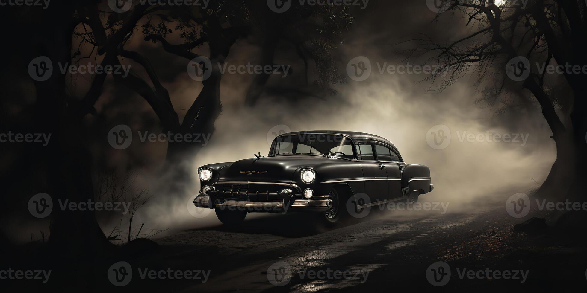 . . Vintage retro classic car on road mist fog forest tree nature outdoor dark gothic scary halloween vibe. Graphic Art photo