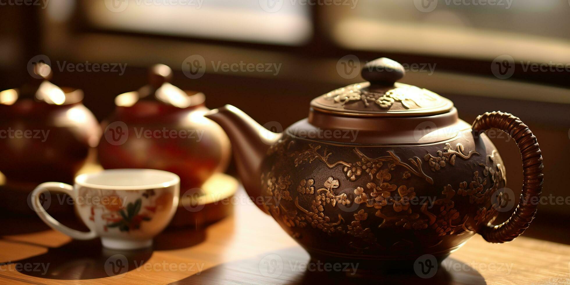AI Generated. AI Generative. Traditional classit vintage retro ceremony chinese asia te teapot cup table ritual wooden table. Calm inner peace relax beverage time vibe. Graphic Art photo