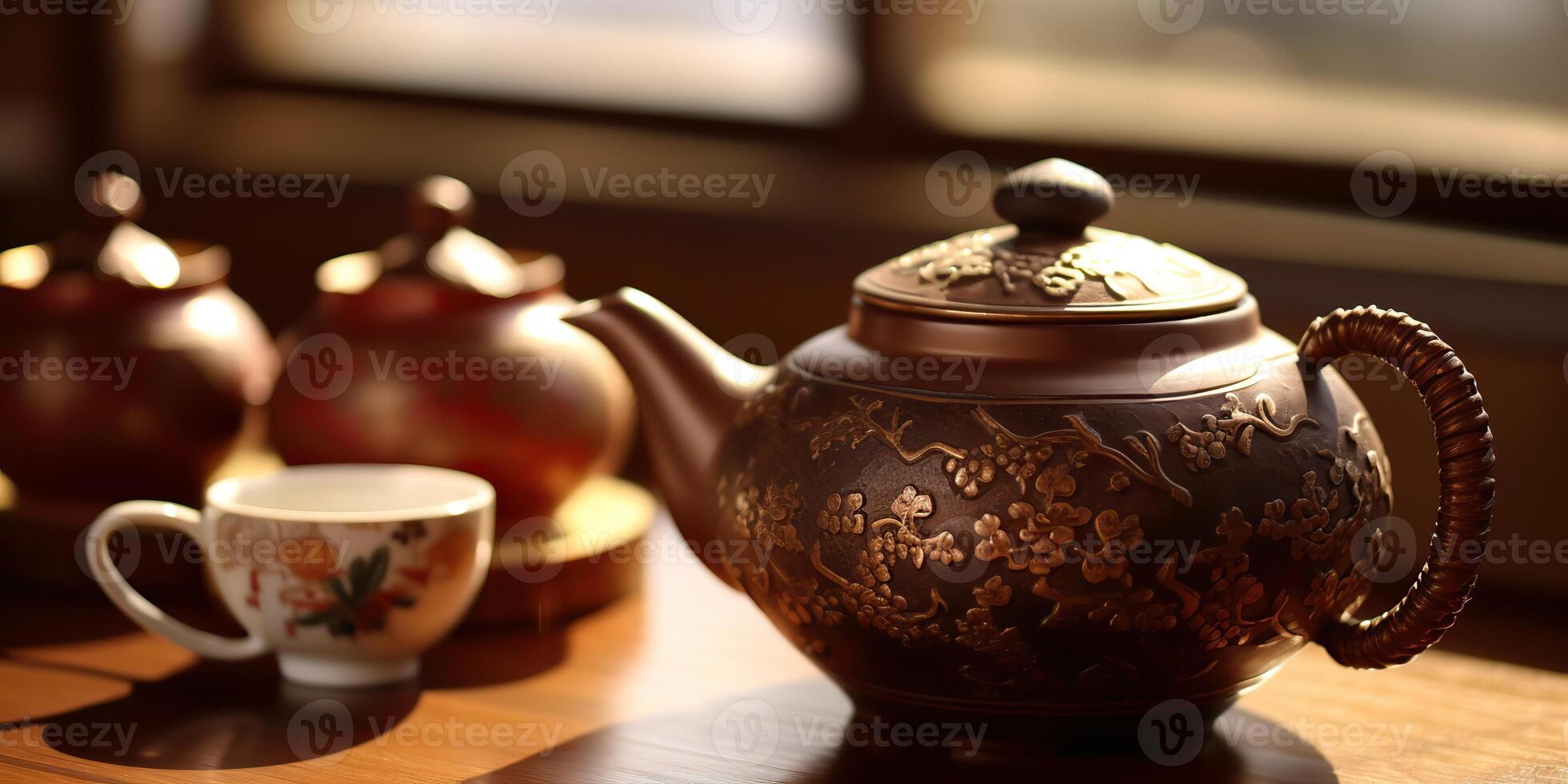. . Traditional classit vintage retro ceremony chinese asia te teapot cup table ritual wooden table. Calm inner peace relax beverage time vibe. Graphic Art photo