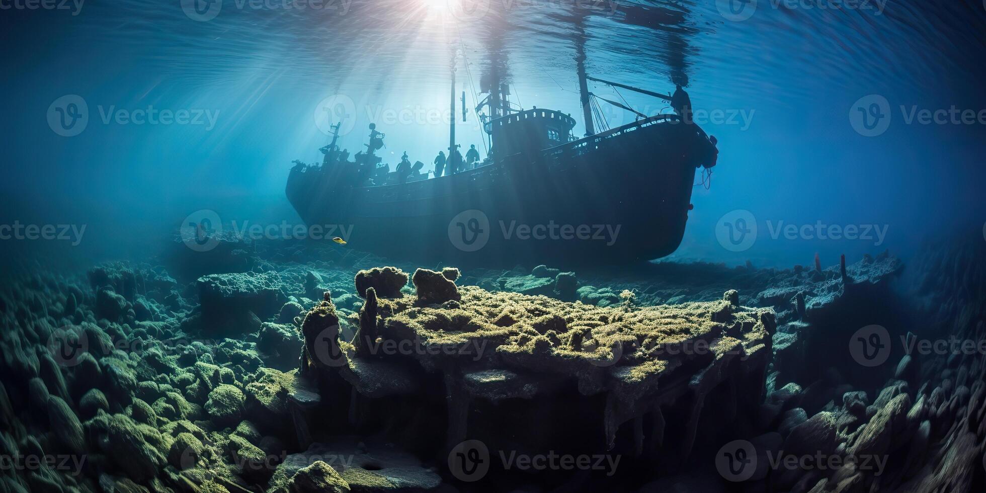 . . Under water sea ocean scuba difing adventures. Underwater explore trip old histiry ship. Nautical marine deep bluew vibe.Graphic Art photo