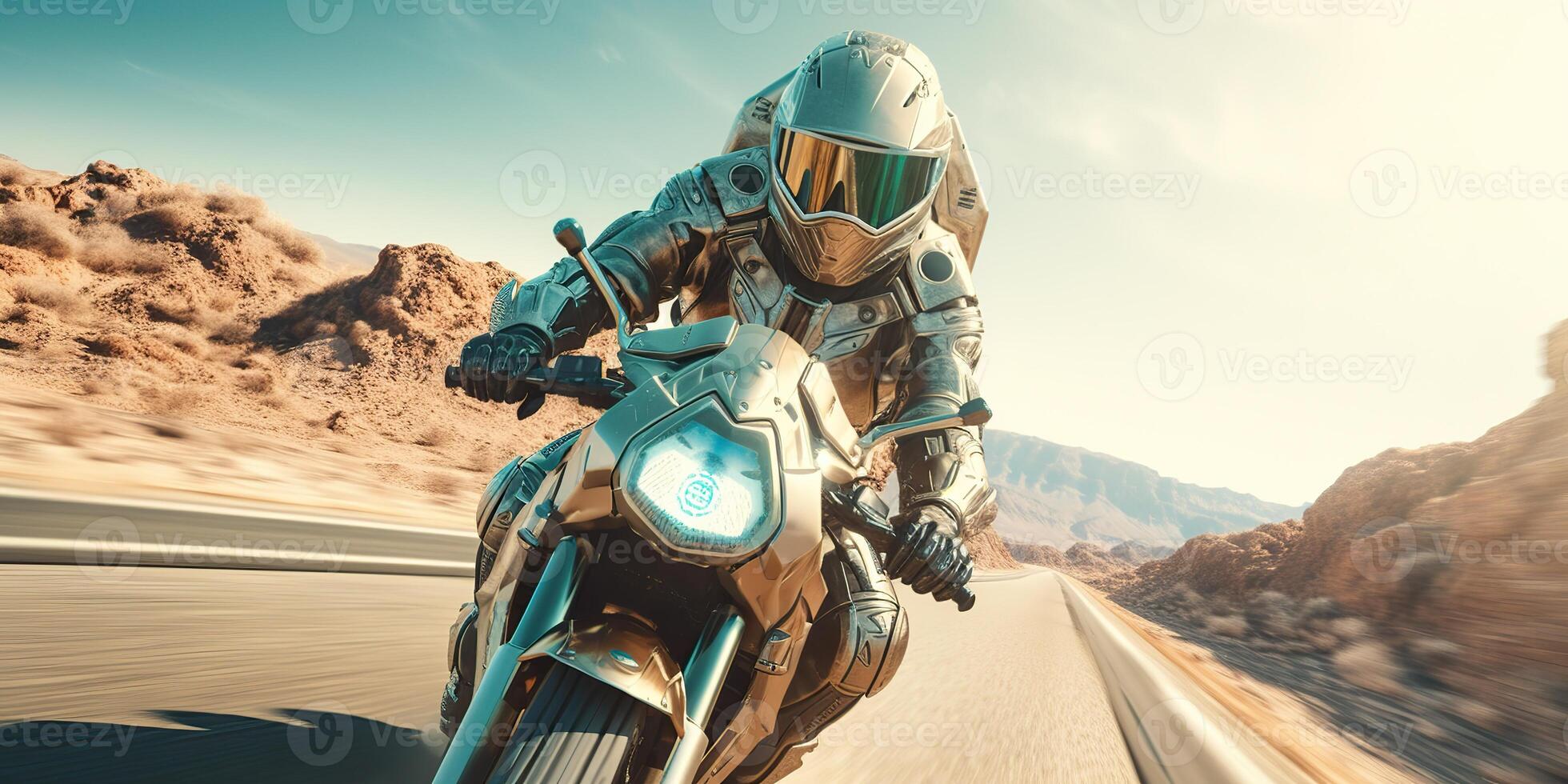 AI Generated. AI Generative. Desert sand road mountain bike motorcycle cross futuristic. Adventure trip road move vibe. Graphic Art photo