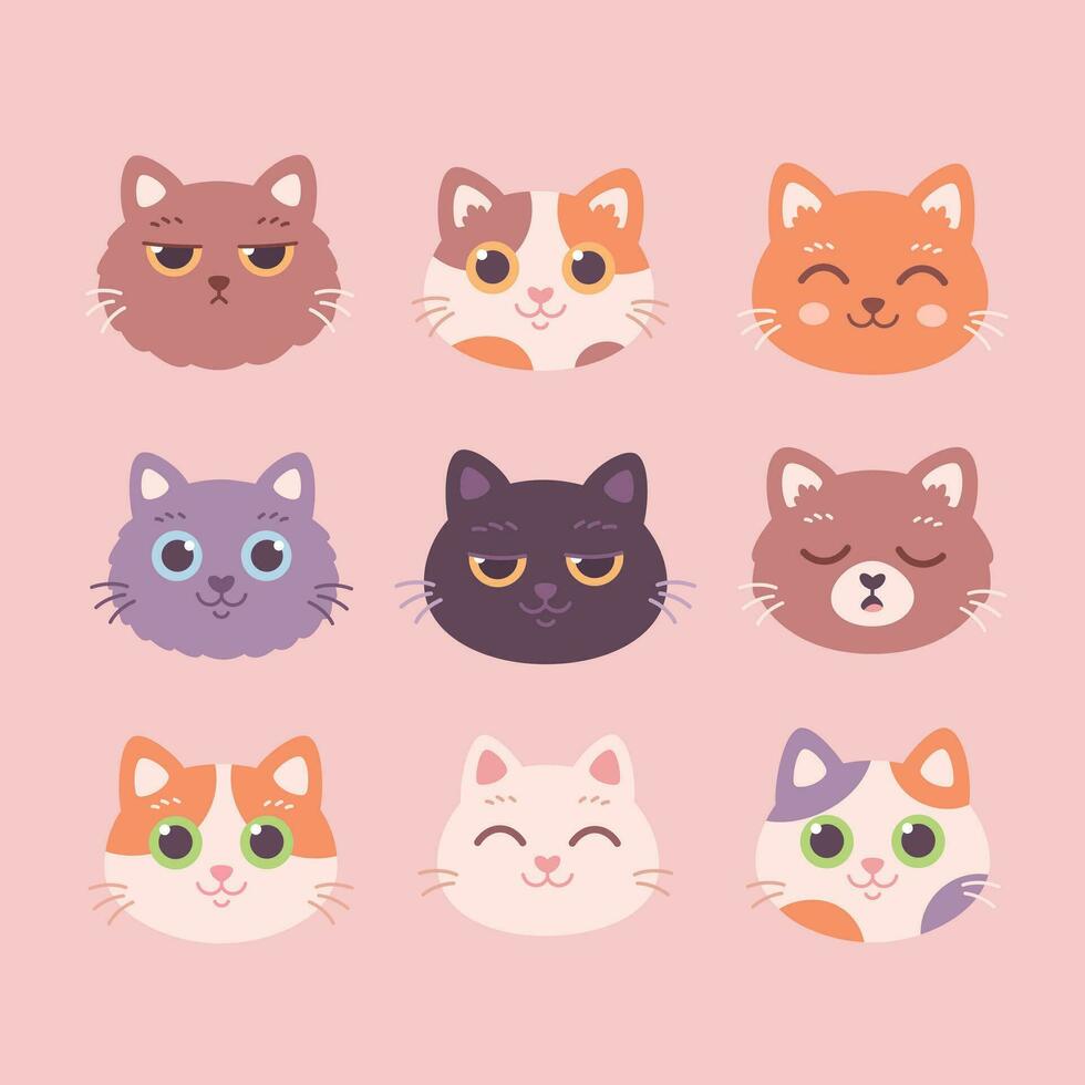 Collection of Cat faces. Cat characters with different emotions and facial expressions vector