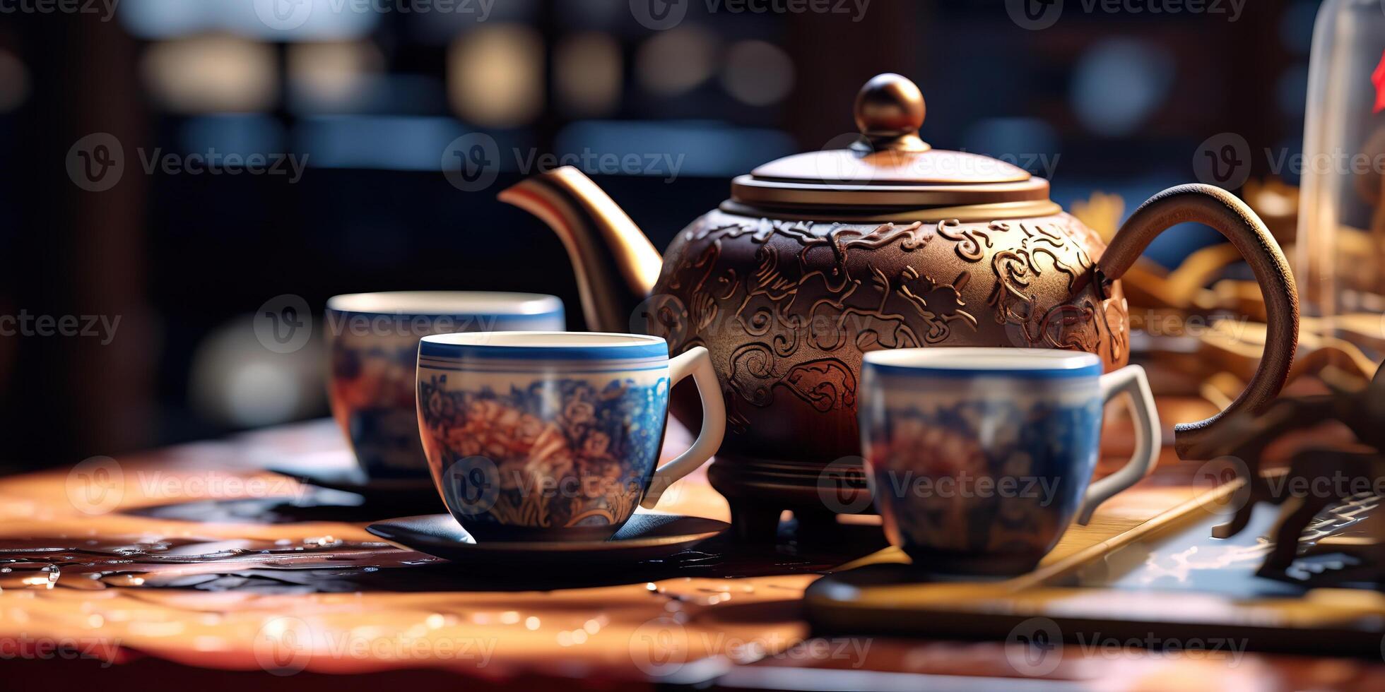 AI Generated. AI Generative. Traditional classit vintage retro ceremony chinese asia te teapot cup table ritual wooden table. Calm inner peace relax beverage time vibe. Graphic Art photo