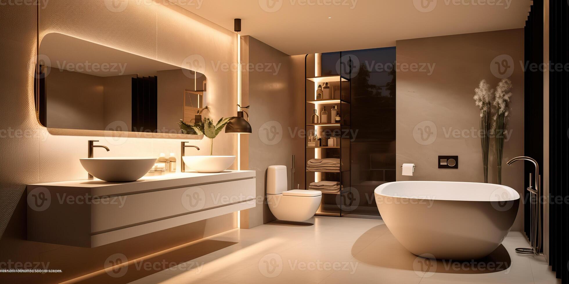 AI Generated. AI Generative. House room bathroom spa toilet indoor architexture design  with bath mirror ceramic and minimal luxury style vibe. Graphic Art photo