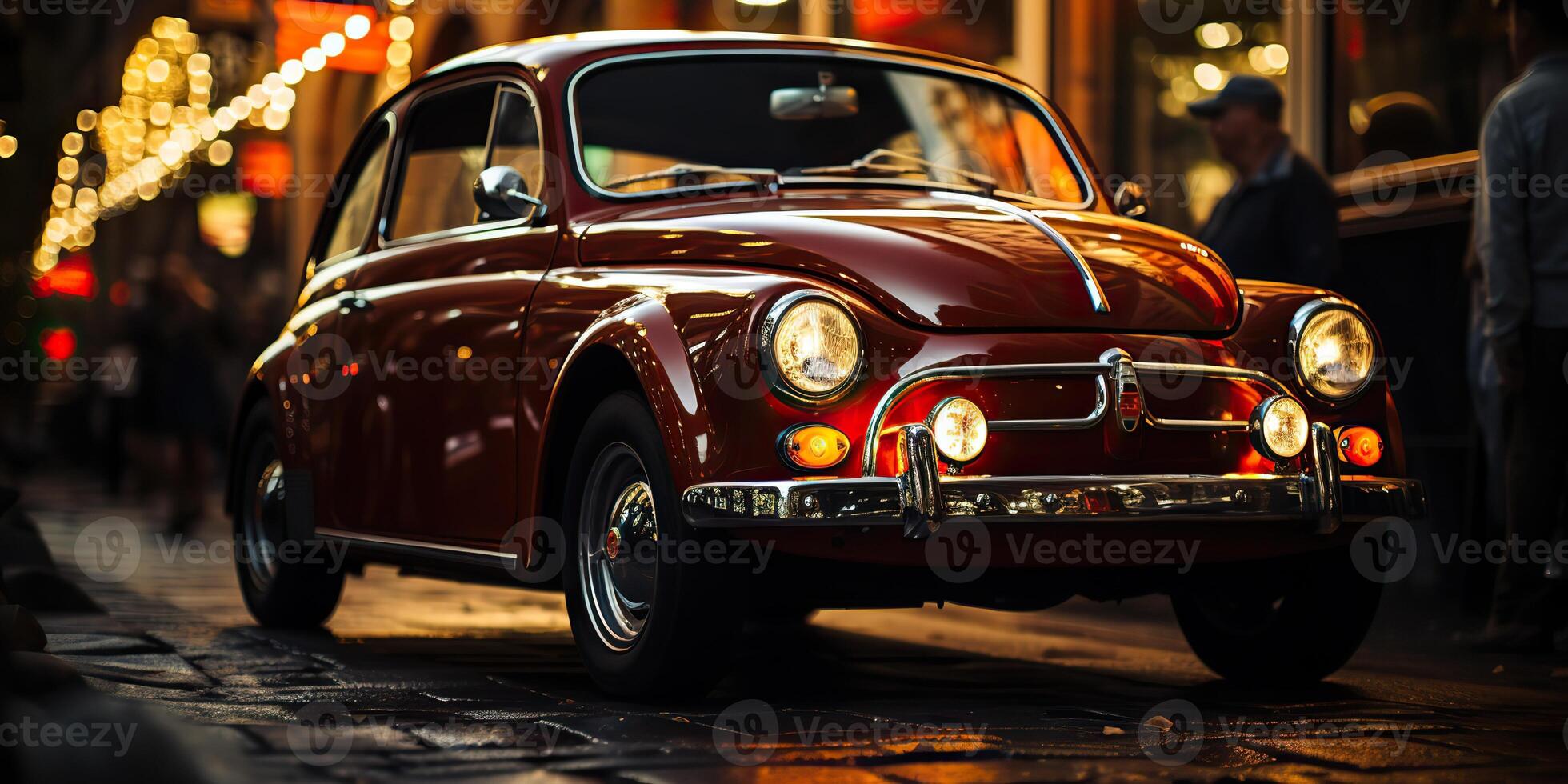 . . Classic retro vintage nostalgia car fiat 500 on small Italy evening street city. Graphic Art photo