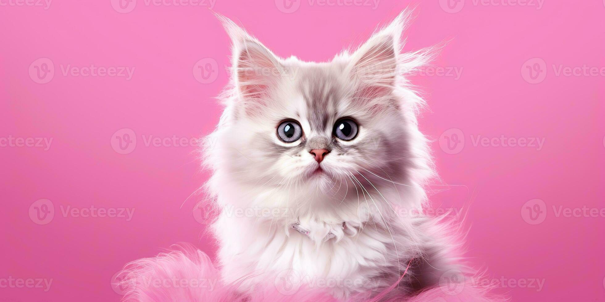 AI Generated. AI Generative. face frontal cute funny cate portrait on pink background. Happy animal pet promotion vibe. Graphic Art photo