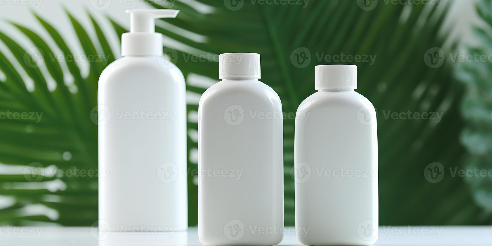 . . Beauty spa health care cosmetic spa bottles mockup with green eco leaf plant. Graphic Art photo