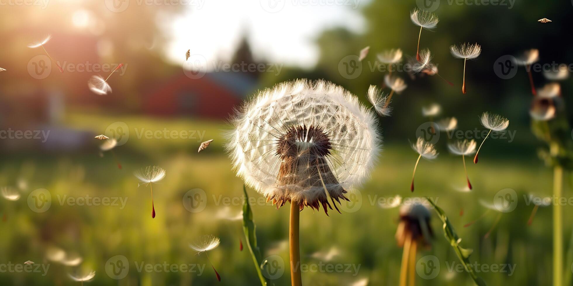 . . Seeded dandelion wild flower on field blowing. Nature outdoor wildflower adventure vacation landscape. Graphic Art photo