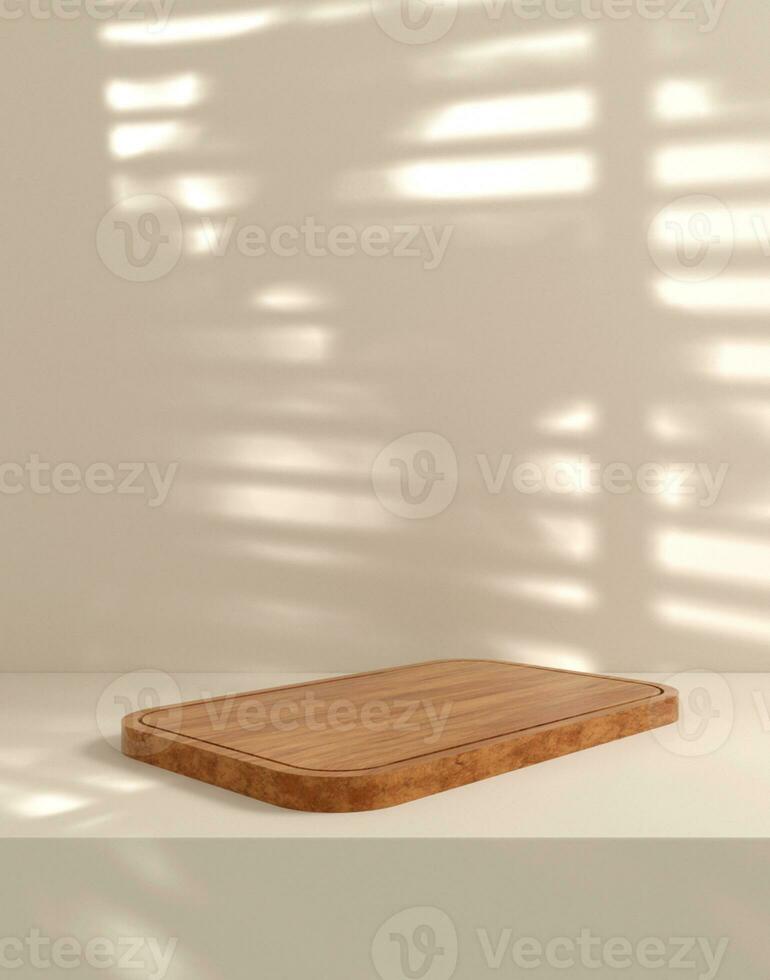 minimal scene with geometric forms. color on wood podium with sun light on white background. Scene to show cosmetic product, Showcase, shopfront, display case photo