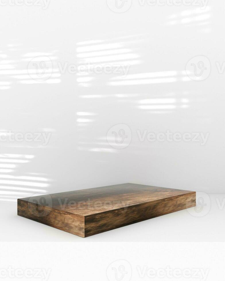 minimal scene with geometric forms. marble podium on wood podium with sun light on white background. Scene to show cosmetic product, Showcase, shopfront, display case photo