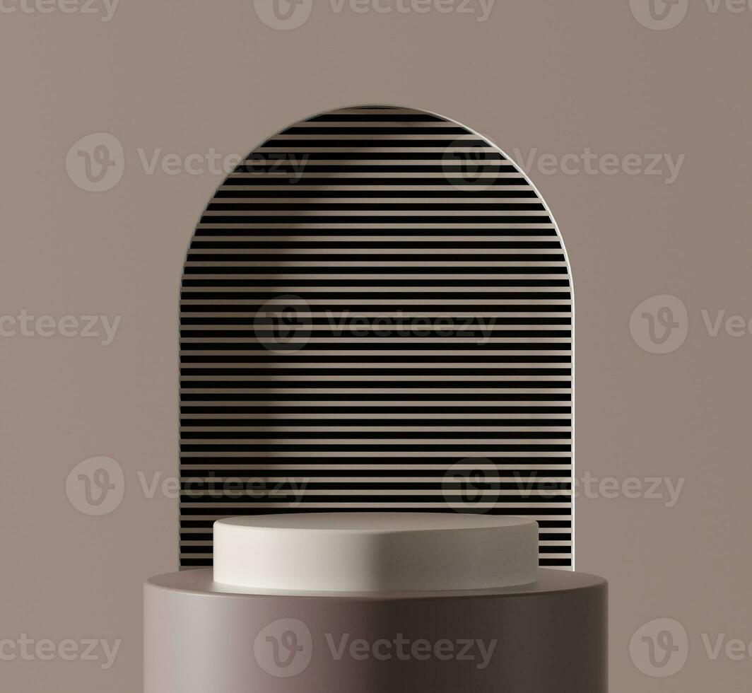 minimal scene with brown geometric forms. marble podium on wood podium with sun light on white background. Scene to show cosmetic product, Showcase, shopfront, display case photo