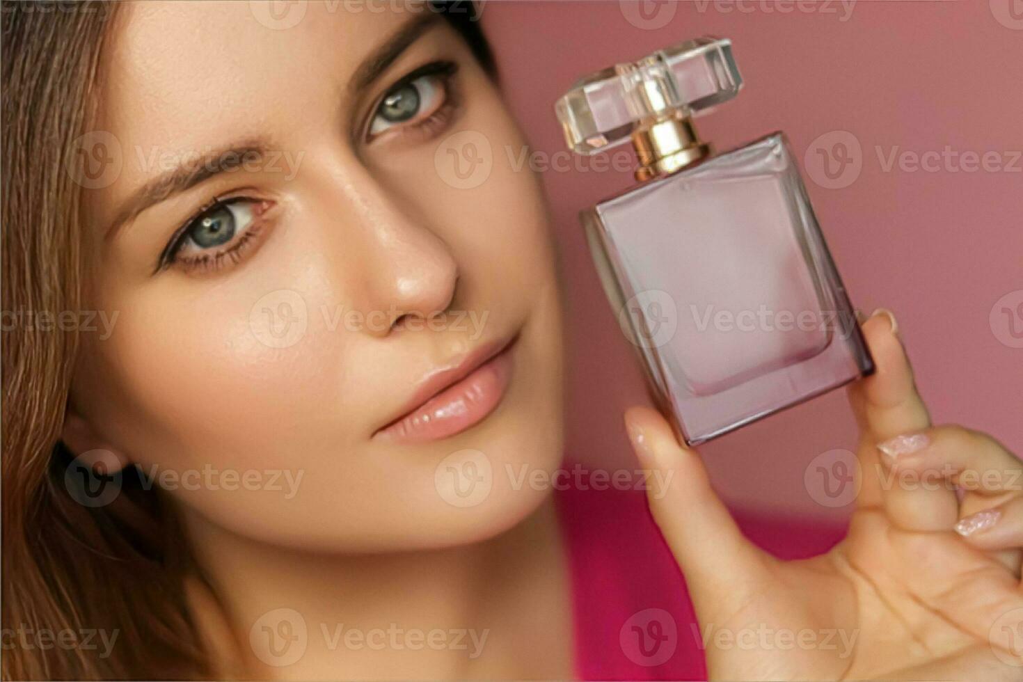 Perfume, beauty product and cosmetics model face portrait on pink background, beautiful woman holding fragrance bottle with floral feminine scent, fashion and makeup photo