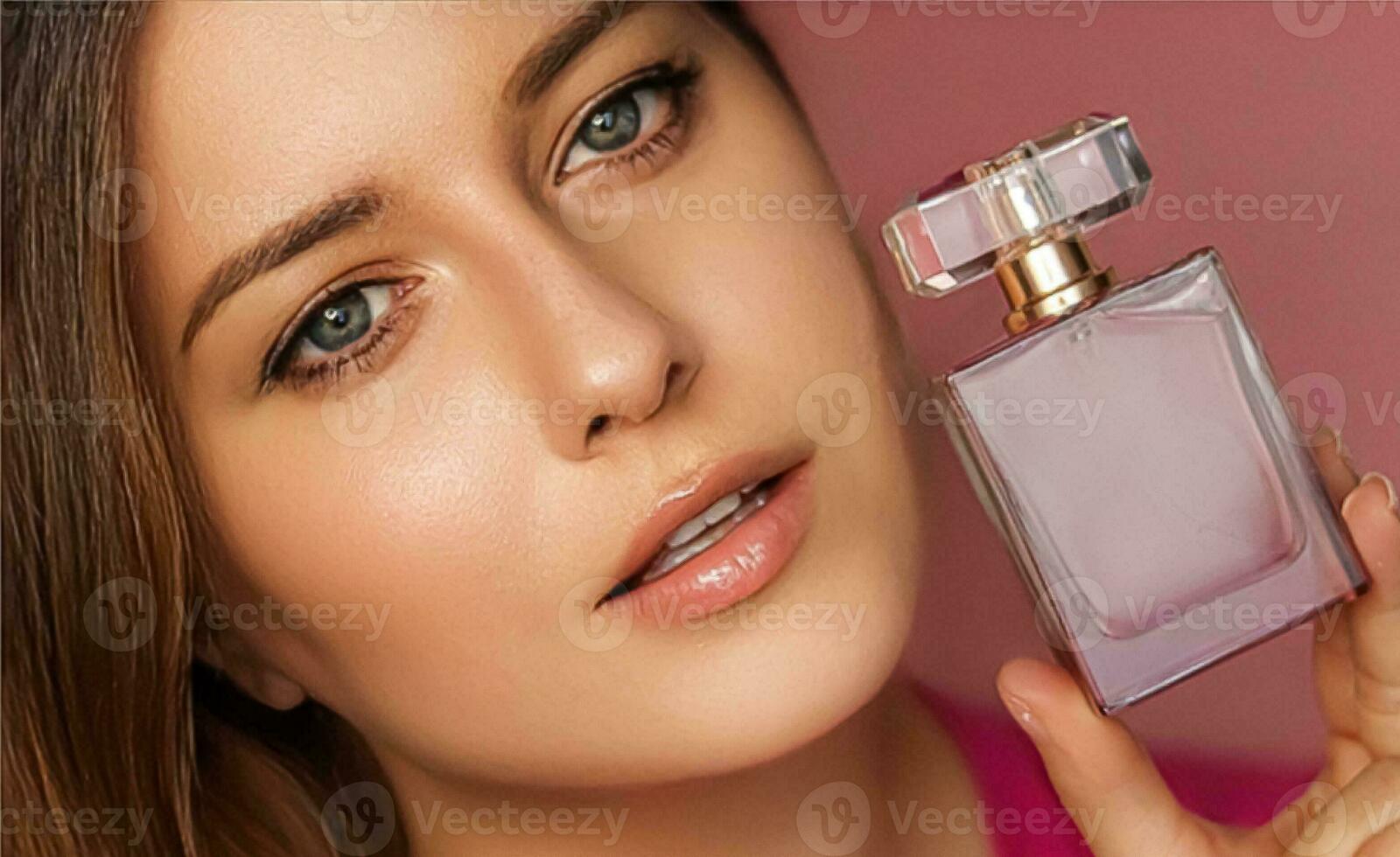 Perfume, beauty product and cosmetics model face portrait on pink background, beautiful woman holding fragrance bottle with floral feminine scent, fashion and makeup photo
