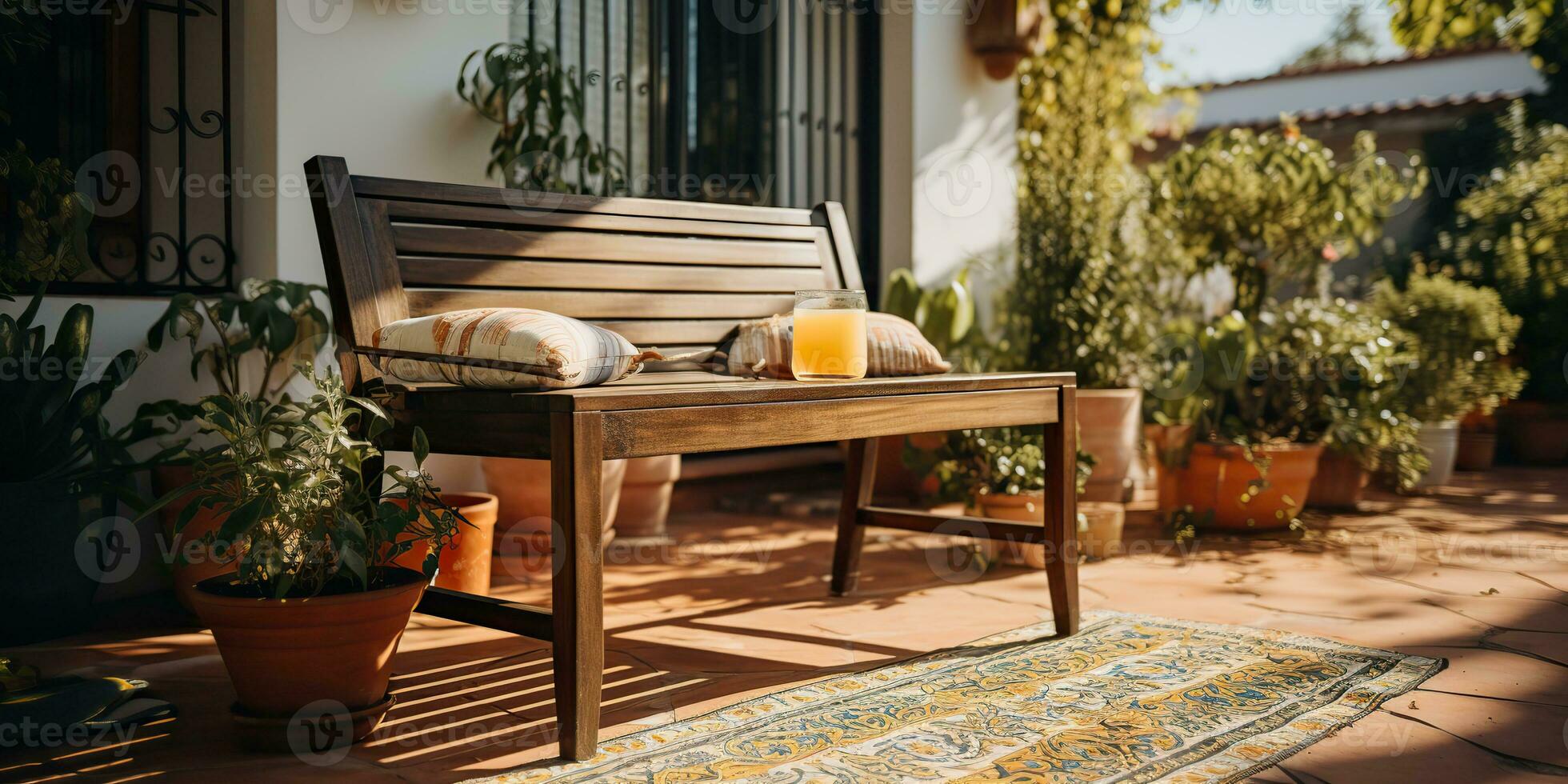 ai generado. ai generativo. casa al aire libre naturaleza terraza jardín con felpudo mesa silla y plantas. acogedor hogar arquitectura relajarse onda. gráfico Arte foto