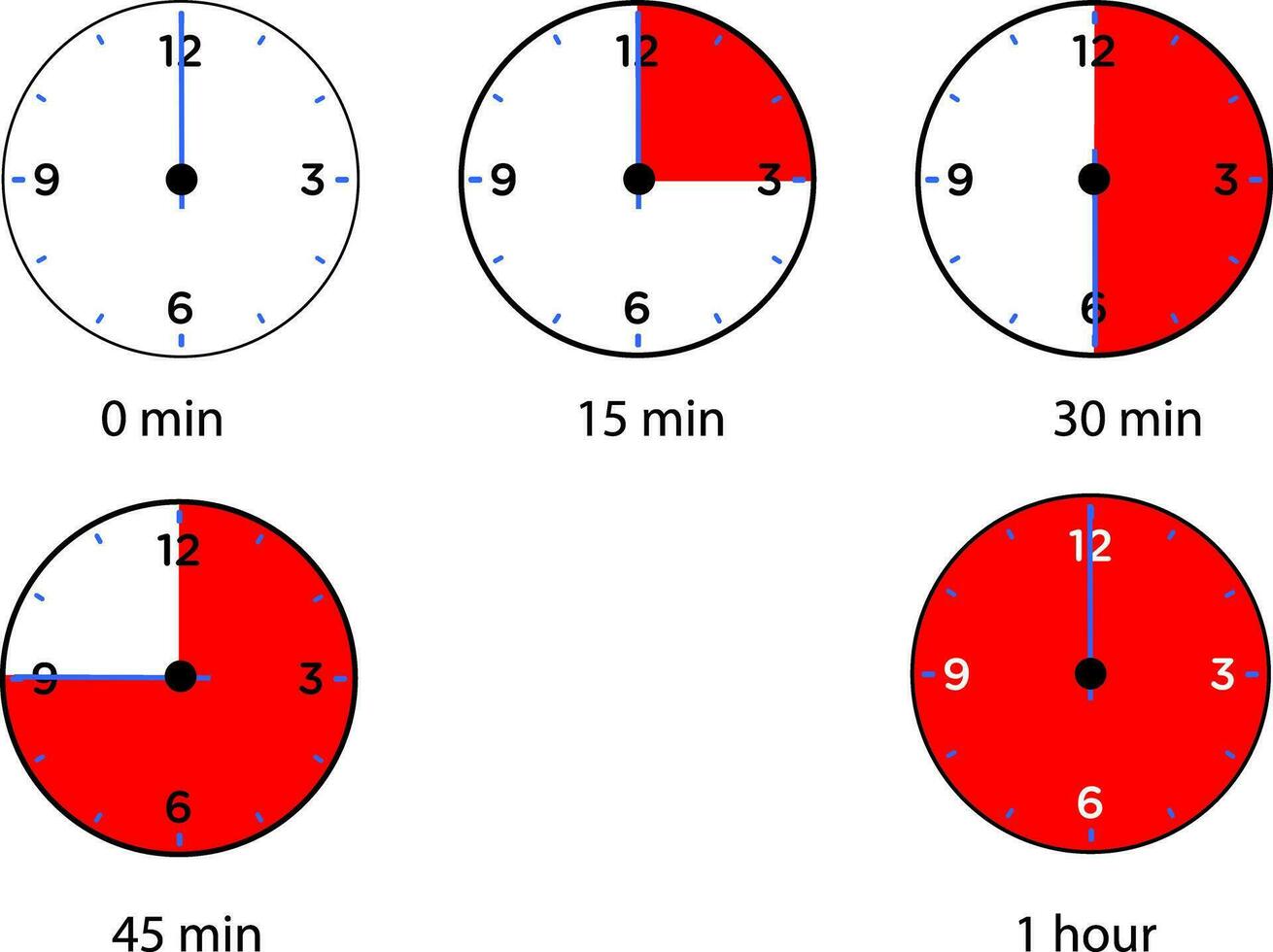Timer, clock, stopwatch isolated set icons with different time. Countdown timer symbol icon set. Sport clock with red colored time meaning. Label cooking symbols. Stopwatch signs vector
