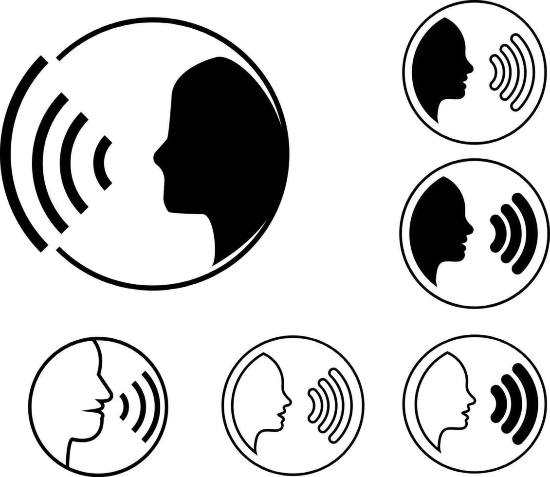 Speaking icons. Talk or talking person sign, man with open mouth, speech icon for interview, interact and talks controls, vector illustration