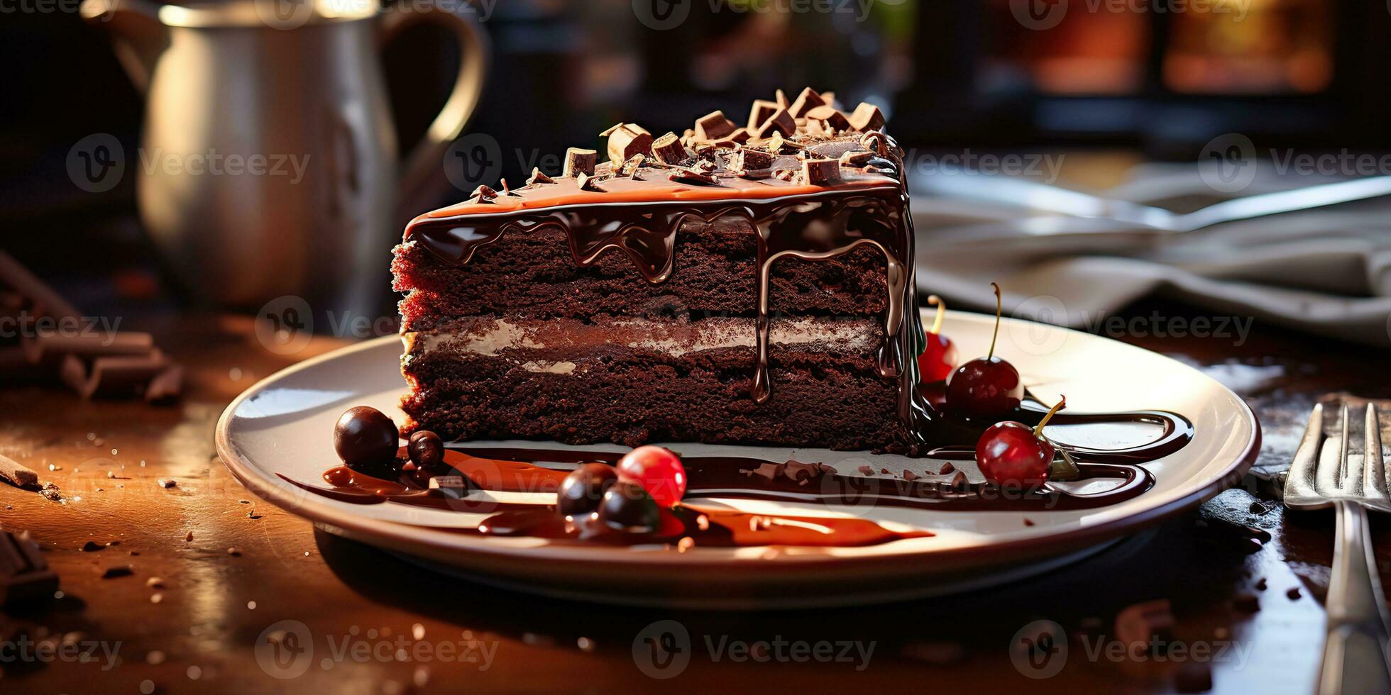 AI Generated. AI Generative. Chocolate pie cake desert bown bake sugar sweet organic food. Evening party birthday background. Graphic Art photo