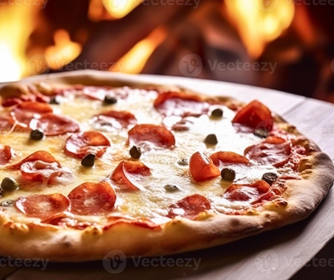 Pizza capricciosa homemade with fire in the oven, online delivery from pizzeria, take away and italian fast food, generative ai photo