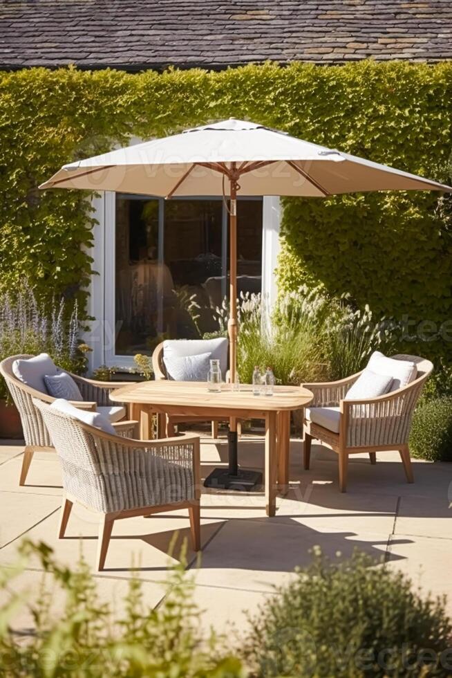 Modern garden lounge, outdoor furniture and countryside house patio decor with sofa, sun lounger, sunbed and umbrella, country cottage style, photo