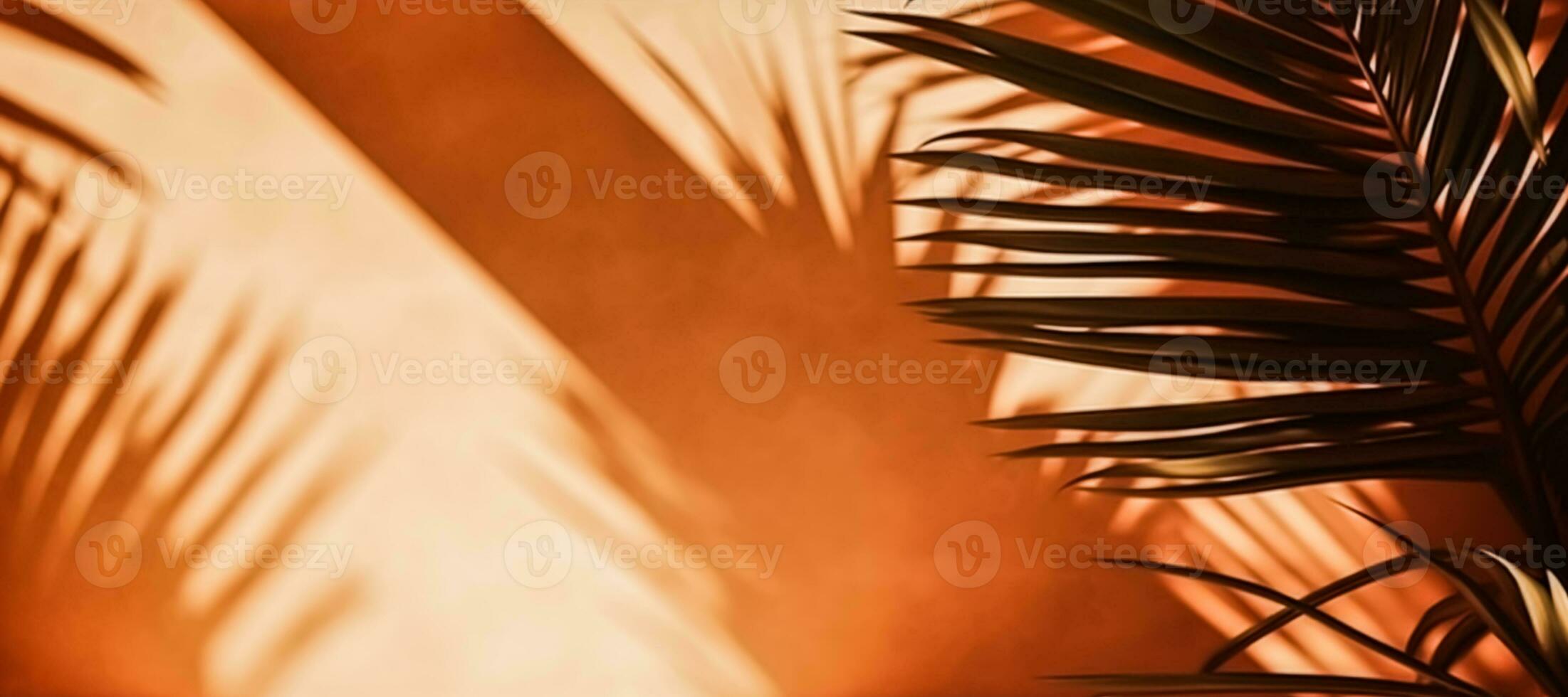 Tropical background for a product placement, palm tree leaves and sunlight shadows on the wall, minimalistic botanical backdrop, palms on a hot sunny day, generative ai photo