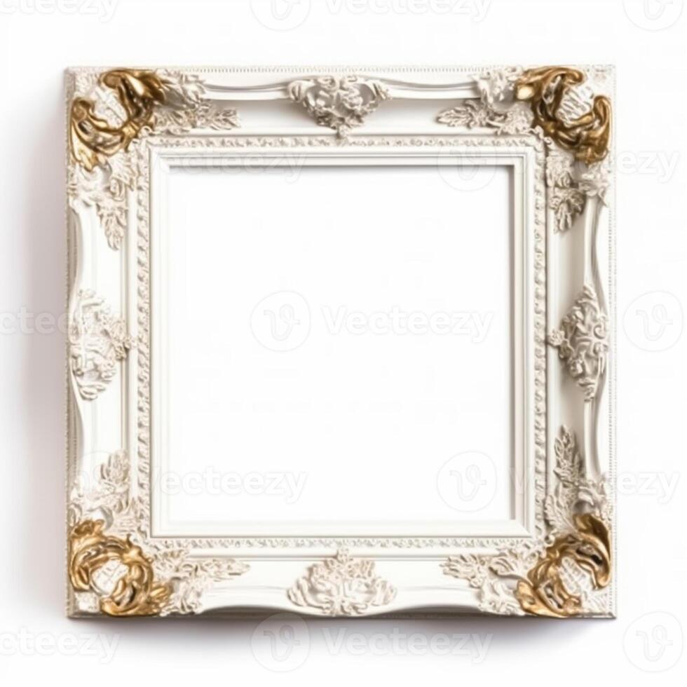 Empty vintage white wood square frame isolated on white background for wall art mockup, photo