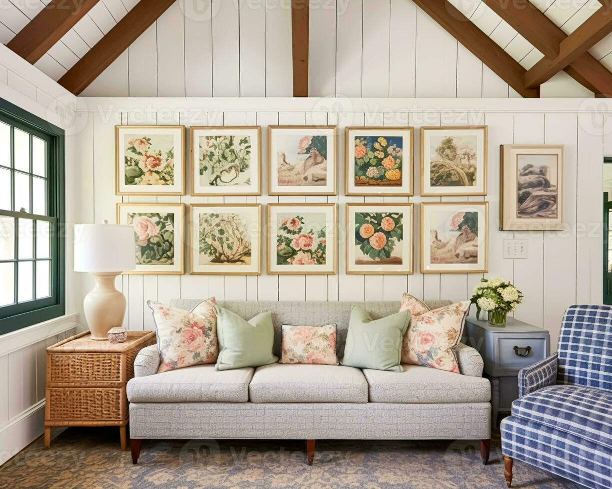 Living room gallery wall, home decor and wall art, framed art in the English country cottage interior, room for diy printable artwork mockup and print shop photo