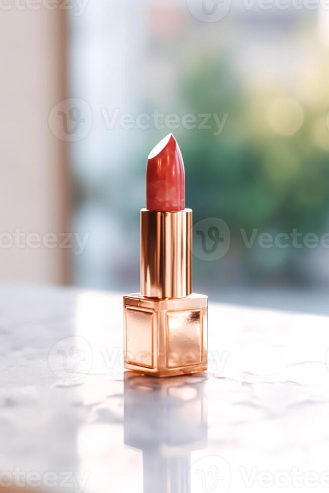 lujoso rosado lápiz labial en dorado tubo en mármol, belleza cosmético y lujo maquillaje producto, generativo ai foto