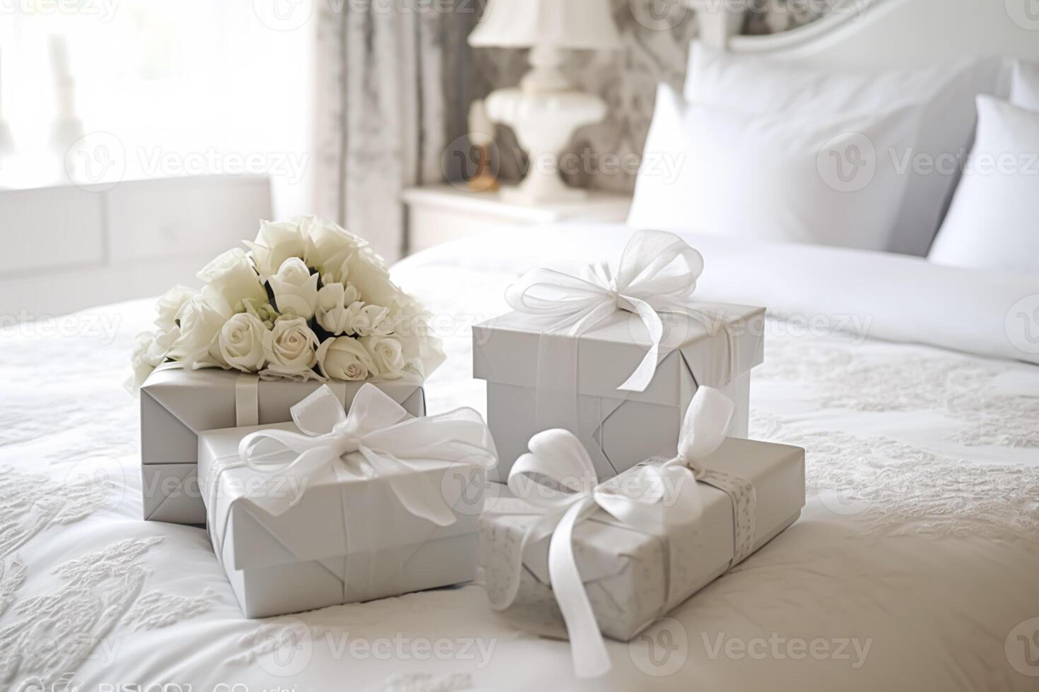 Wedding gifts and flowers in an elegant white bedroom, photo