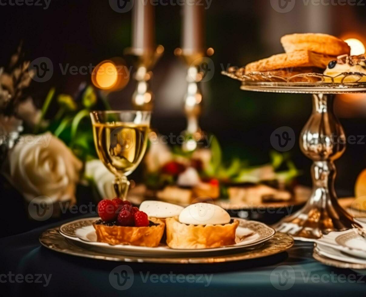 Luxury food service, appetisers and desserts served at a restaurant or formal dinner event in classic English style in the luxurious hotel or country estate, generative ai photo