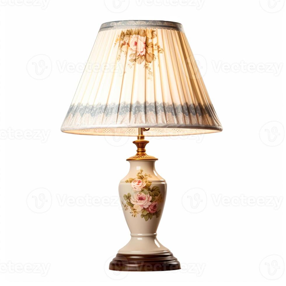 Vintage country style antique table lamp with a beautiful lampshade design isolated on white background, interior design and cottage home decor, post-processed, generative ai photo