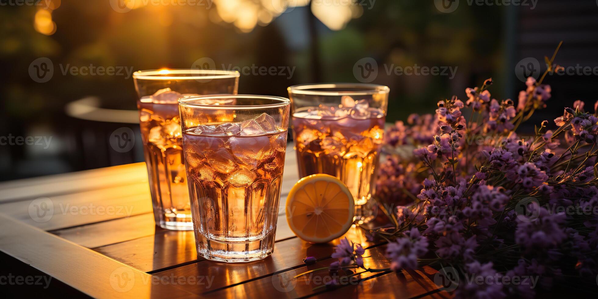 ai generado. ai generativo. lavanda cócteles con planta flor. actualizar bebida bebida en vaso en puesta de sol noche en madera mesa. fiesta familia onda. gráfico Arte foto