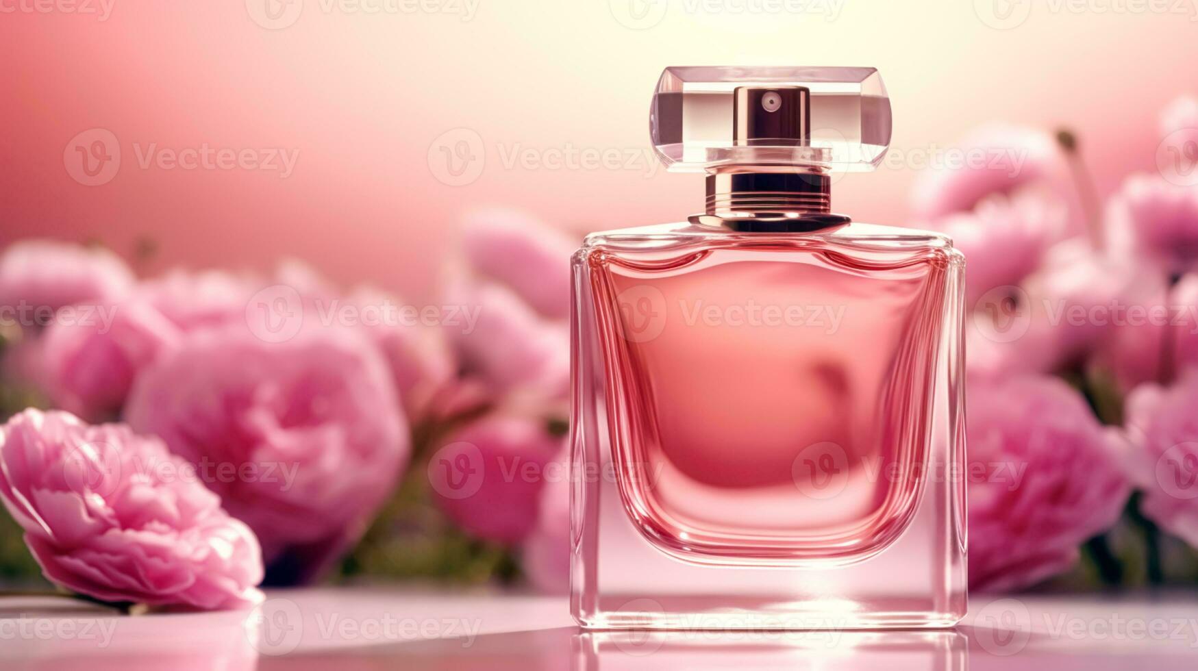 Luxurious floral scent, fragrance bottle and pink flowers, perfume commercial in flower garden, bespoke perfumery and beauty product sale, generative ai photo