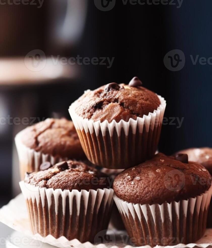 Chocolate cakes, muffins or cupcakes, baked in a bakery holiday sweet food recipe idea, generative ai photo