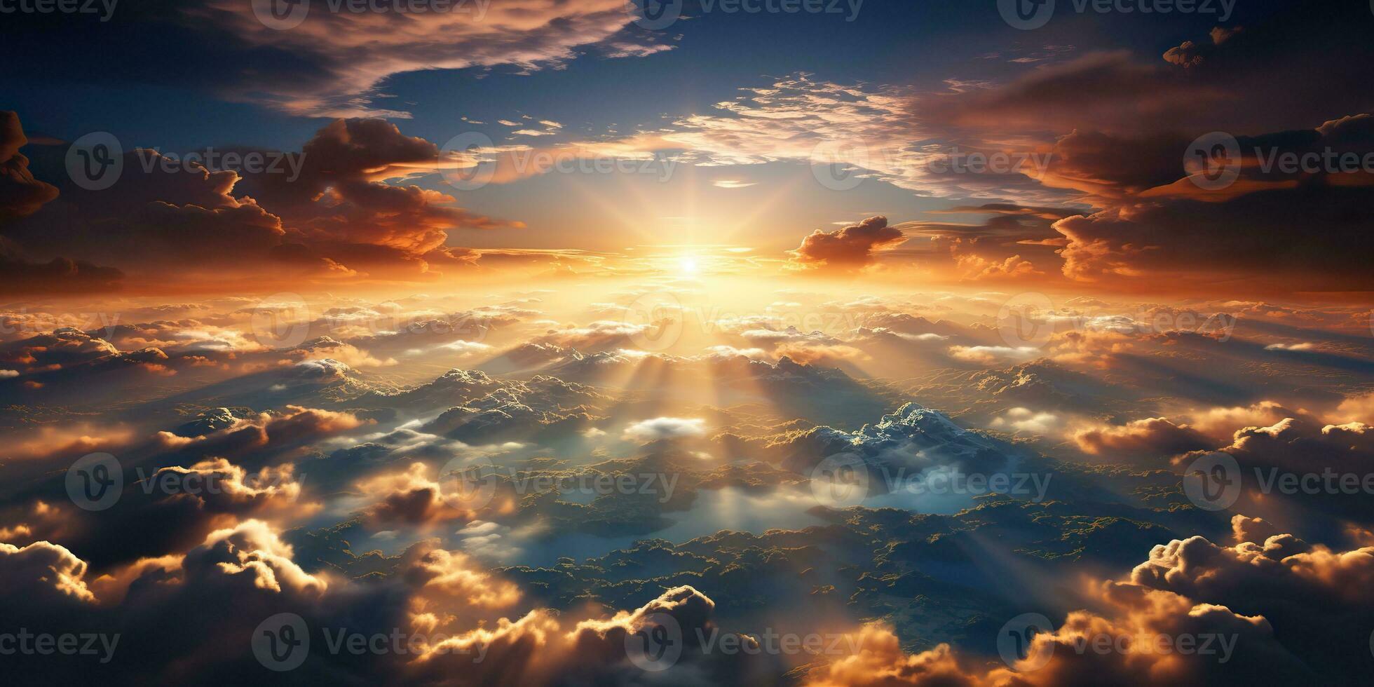 AI Generated. AI Generative. Air drone aerial view cloudscape landscape nature outdoor fly from above earth clouds sun sunbeams. Graphic Art photo